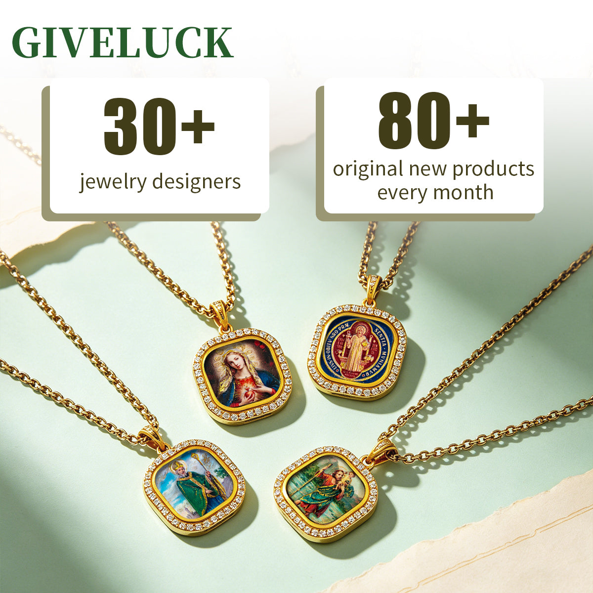 GIVELUCK 18k Plated Gold Zircon Pendant Necklace Cameo Embossing Saint Patrick Devotional Medal for Men and Women