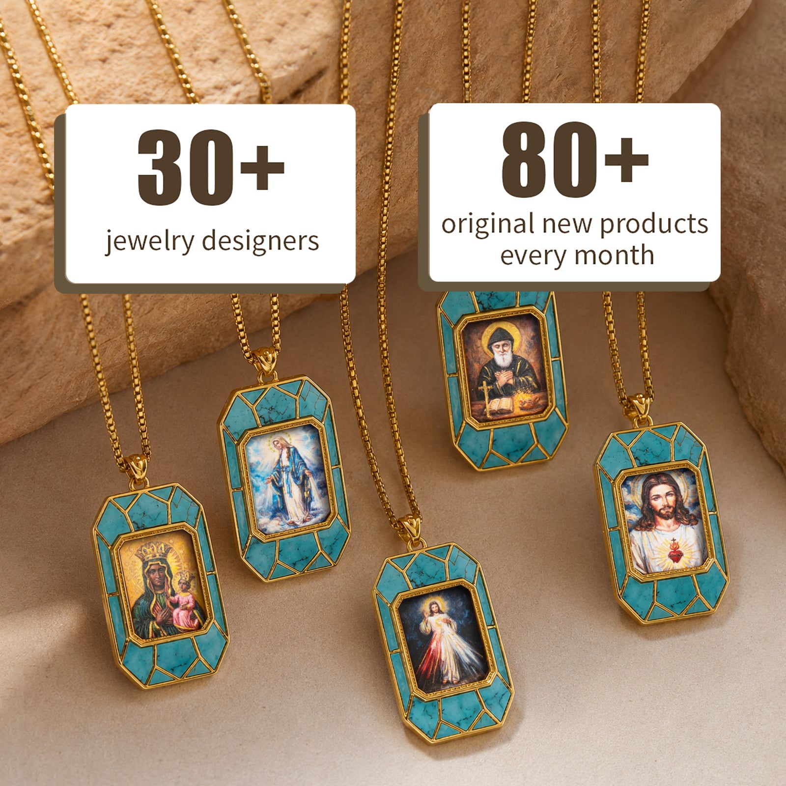 Black Madonna Necklace, Hand-Painted Virgin Mary Pendant, 18K Gold Plated, Turquoise Inlay