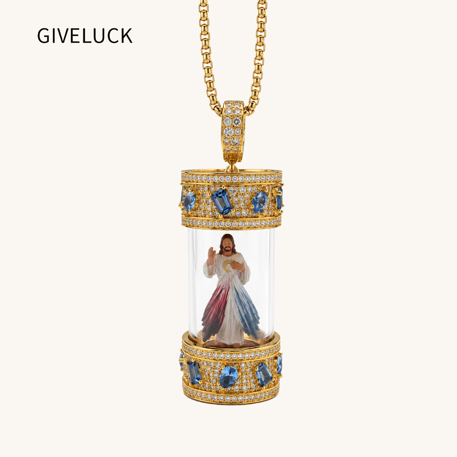 Divine Mercy Jesus Necklace, 18K Gold Plated Hand Painted Icon Pendant, Catholic Jewelry