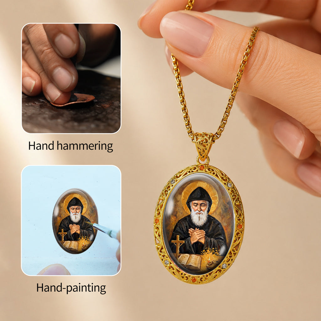 GIVELUCK 18k Plated Gold Catholic Saint Charbel Devotional Medal Enamel Pendant Necklace