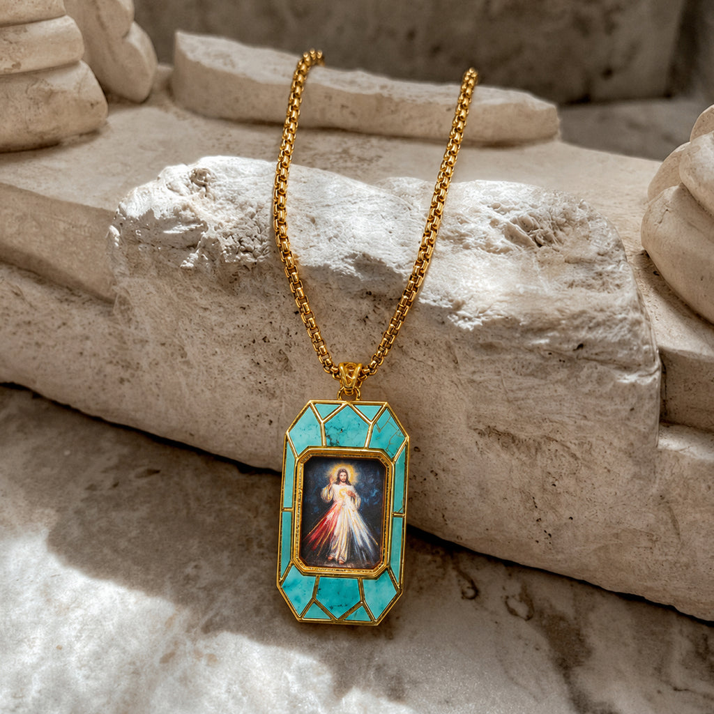 Divine Mercy Jesus Pendant Necklace, 18K Gold Plated, Turquoise or Mother of Pearl Inlay