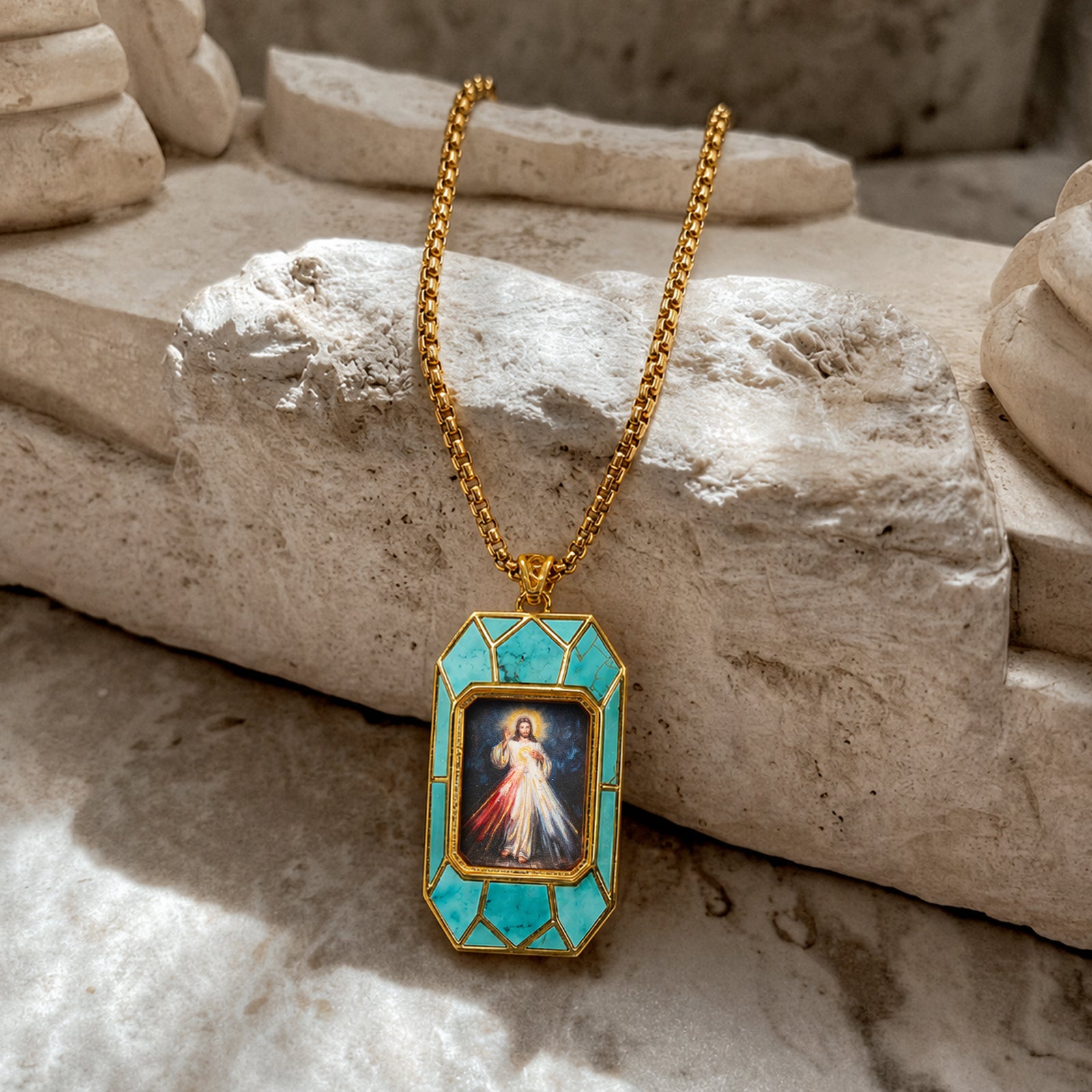 Divine Mercy Jesus Pendant Necklace, 18K Gold Plated, Turquoise or Mother of Pearl Inlay
