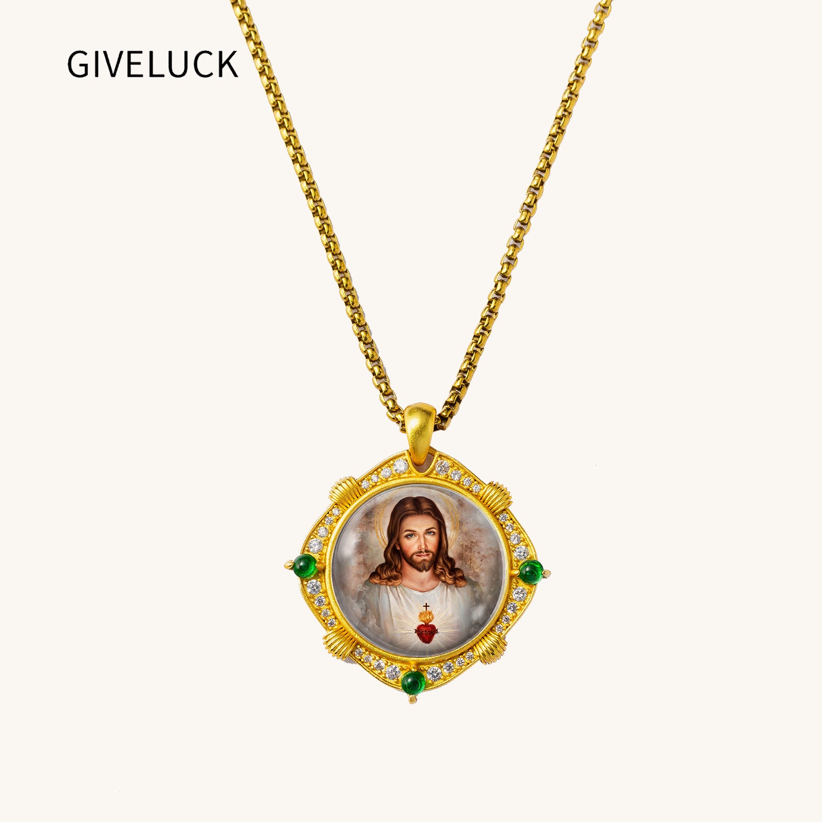 18K Gold Plated Sacred Heart Jesus Pendant Necklace, Enamel Catholic Jewelry with Zircon Accents