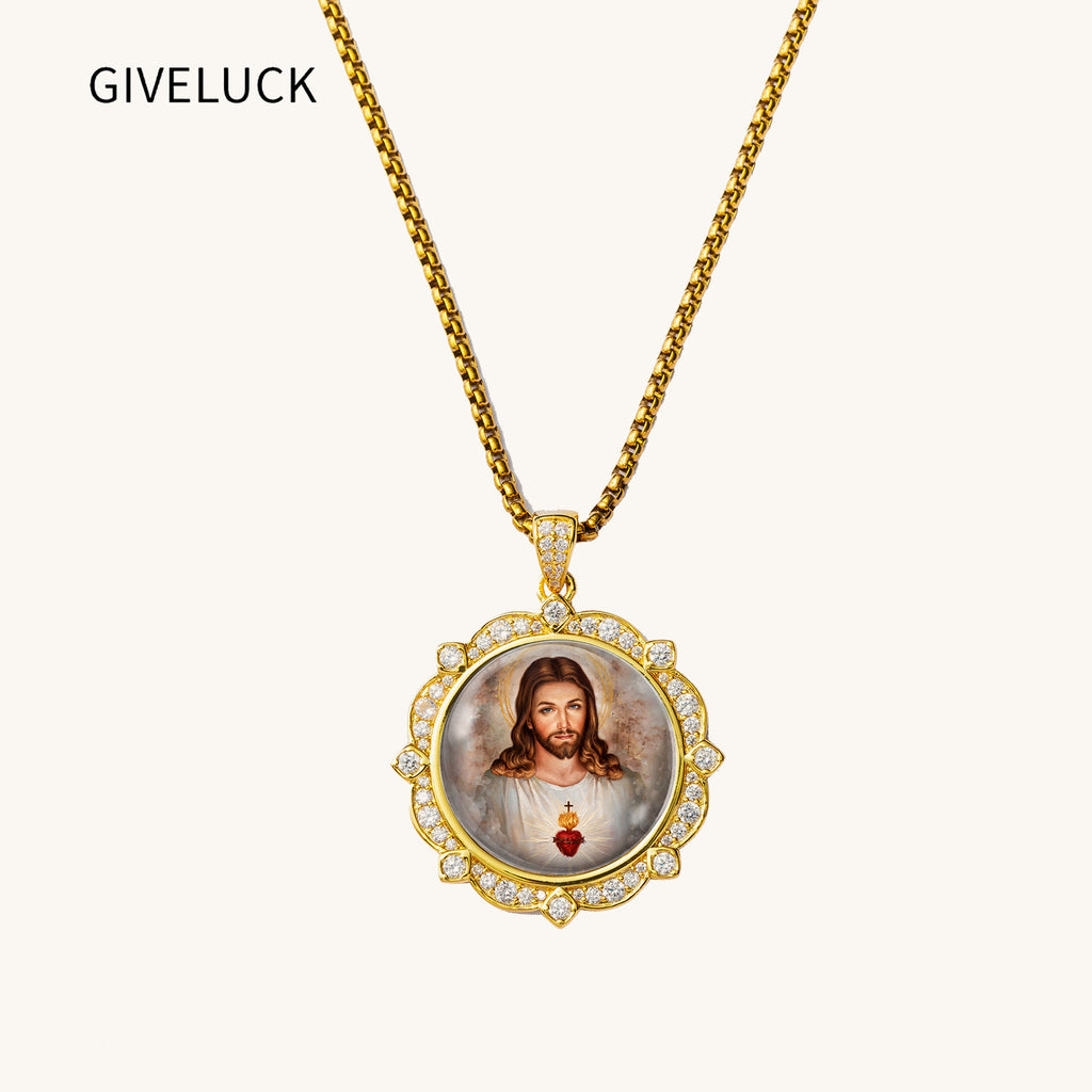 18K Gold Plated Sacred Heart Jesus Pendant Necklace, Enamel Catholic Jewelry with Zircon Accents