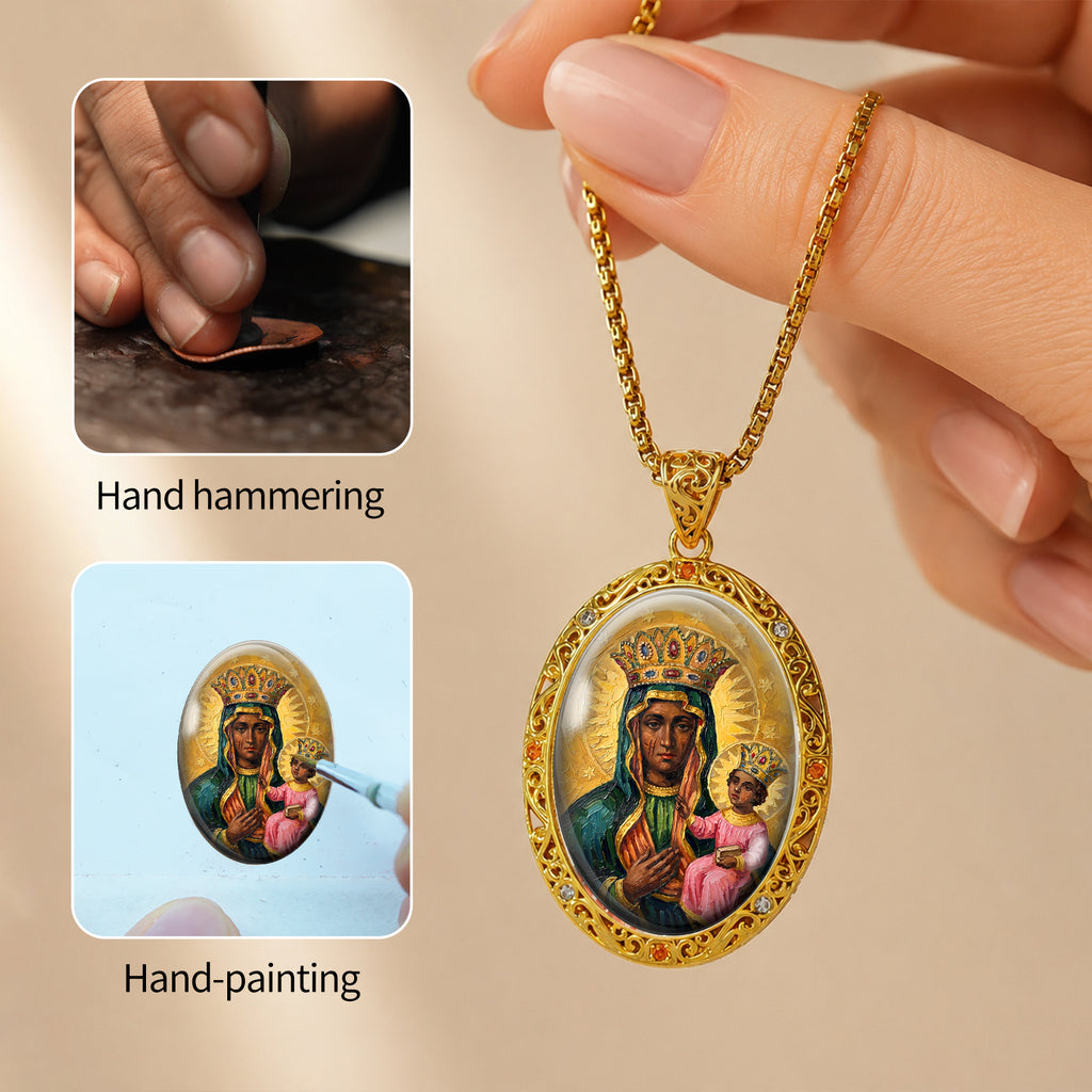 Black Madonna Enamel Pendant Necklace, 18K Gold Plated Virgin Mary Religious Jewelry