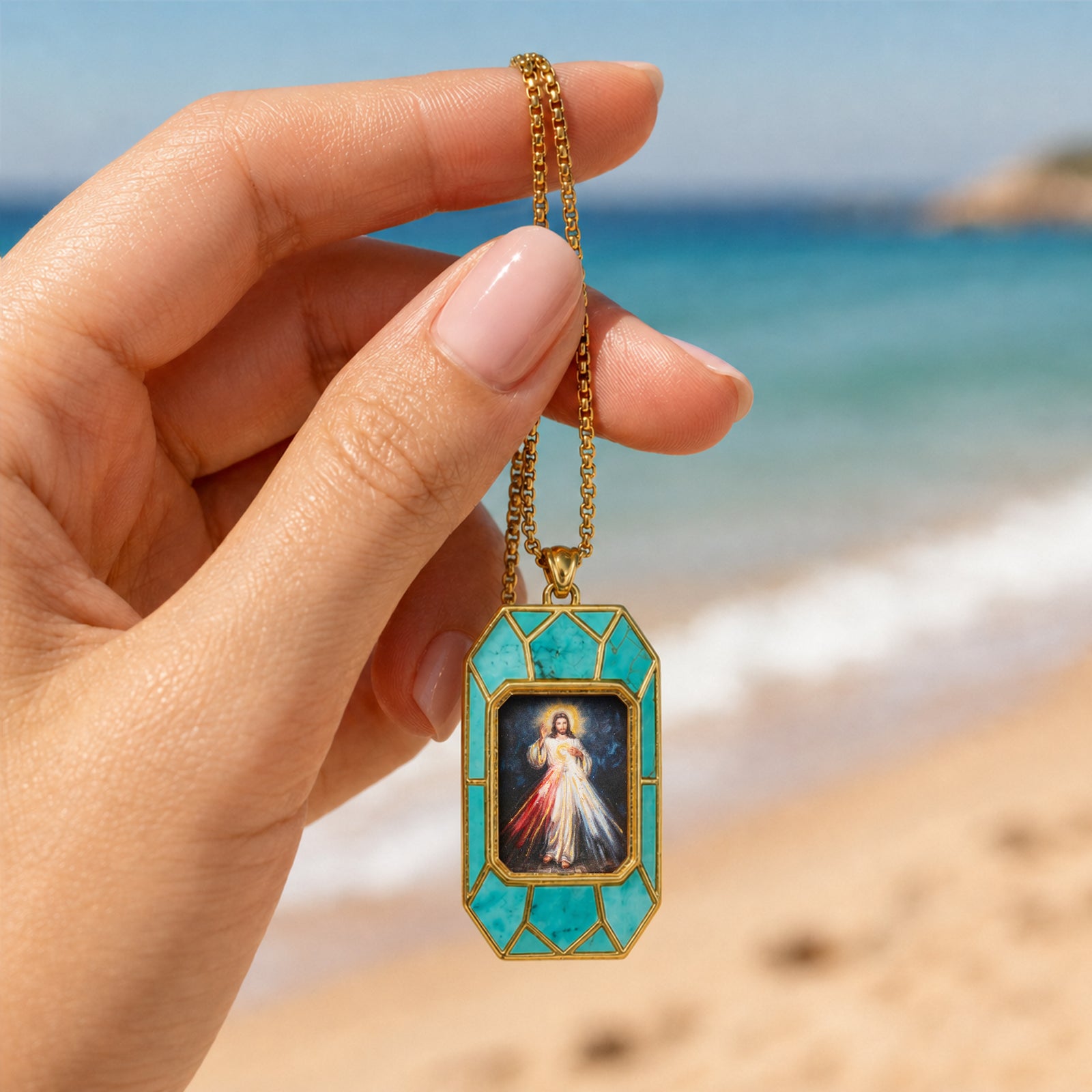 Divine Mercy Jesus Pendant Necklace, 18K Gold Plated, Turquoise or Mother of Pearl Inlay