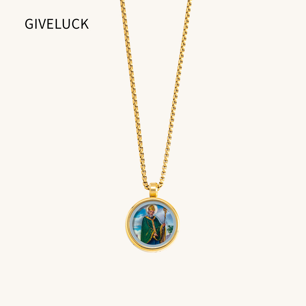 GIVELUCK 18k Plated Gold Pendant Necklace Cameo Embossing Saint Patrick Devotional Medal for Men and Women