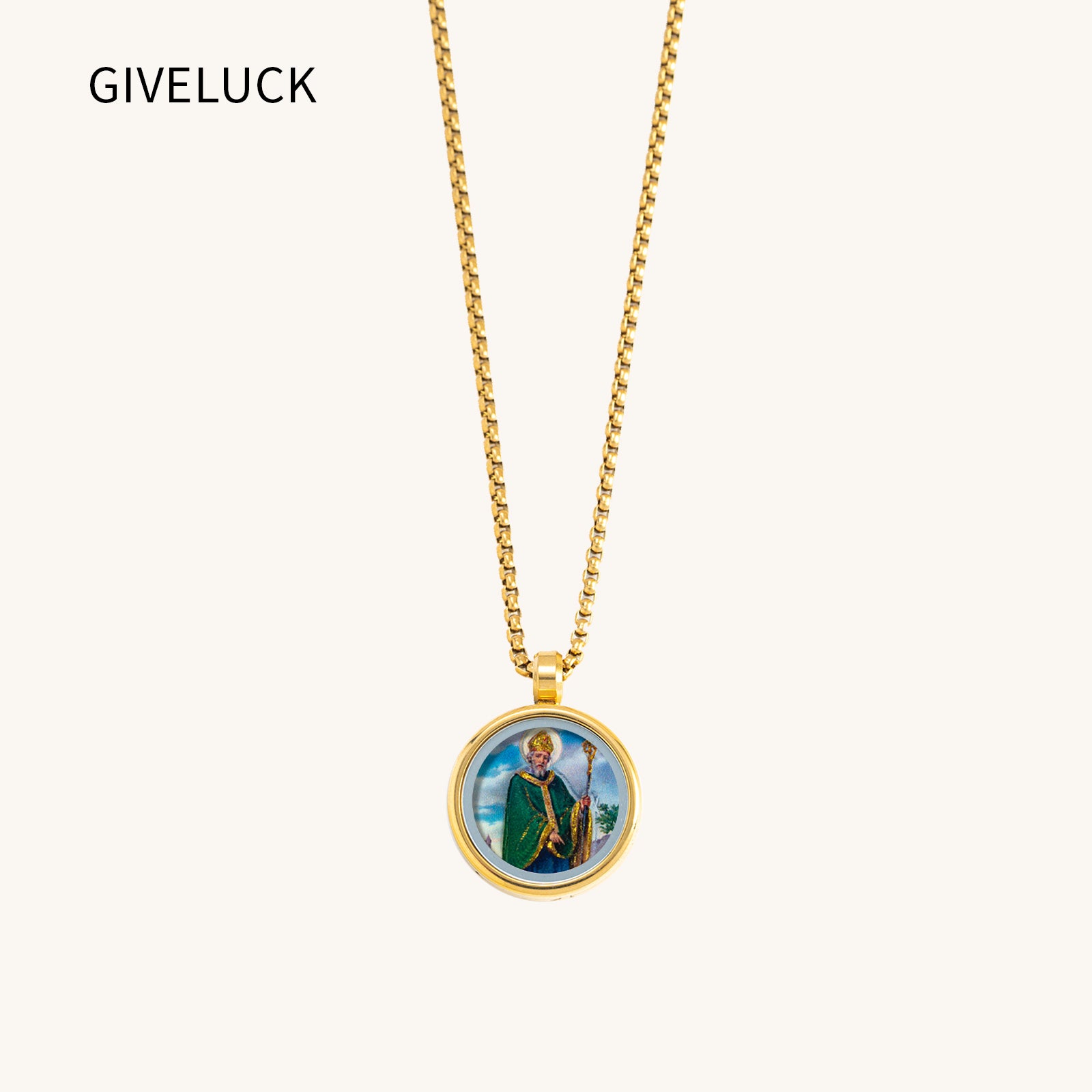 GIVELUCK 18k Plated Gold Pendant Necklace Cameo Embossing Saint Patrick Devotional Medal for Men and Women