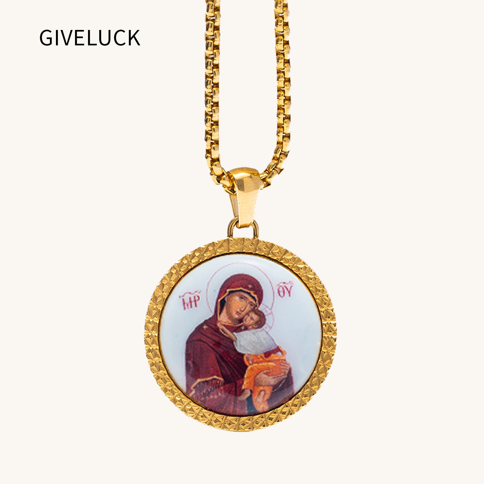 GIVELUCK 18k Plated Gold Pendant Necklace Enamel Our Lady of Vladimir Virgin Mary Miraculous Medal for Women and Men