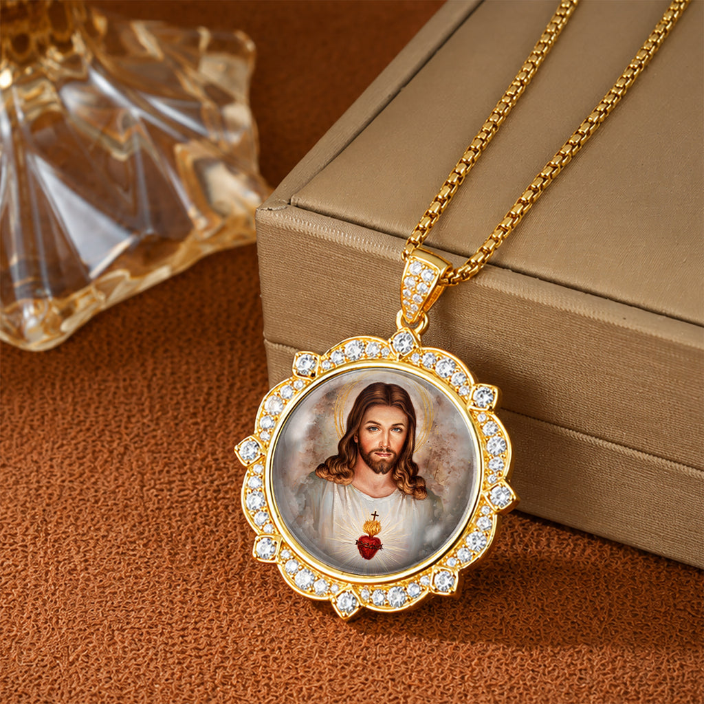 18K Gold Plated Sacred Heart Jesus Pendant Necklace, Enamel Catholic Jewelry with Zircon Accents