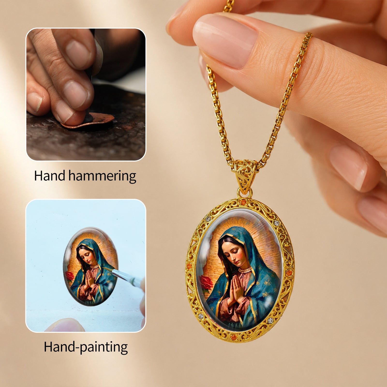 GIVELUCK 18K Gold Plated Our Lady of Guadalupe Necklace for Women, Authentic Vitreous Enamel Virgin Mary Pendant, Catholic Protection Jewelry Gift