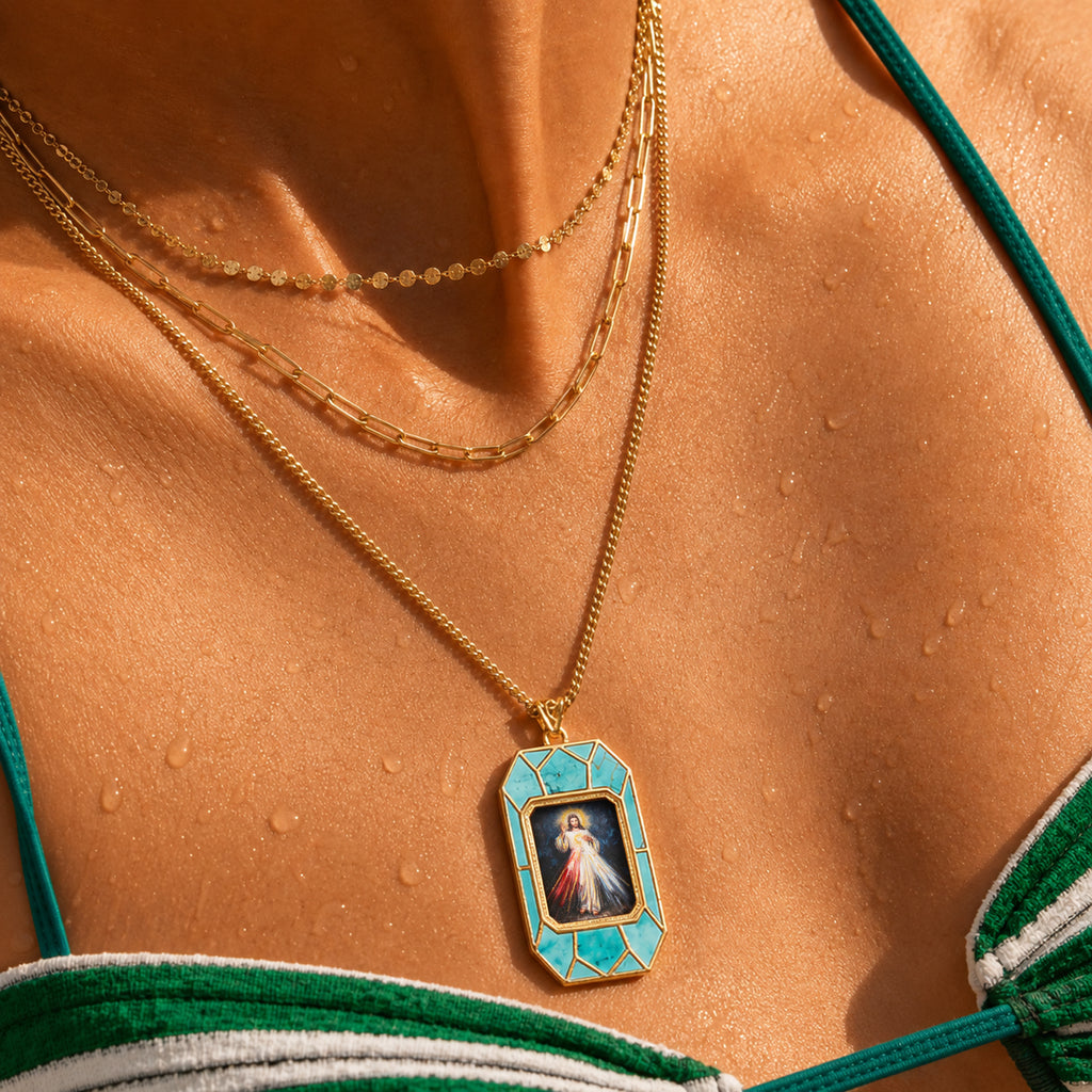 Divine Mercy Jesus Pendant Necklace, 18K Gold Plated, Turquoise or Mother of Pearl Inlay