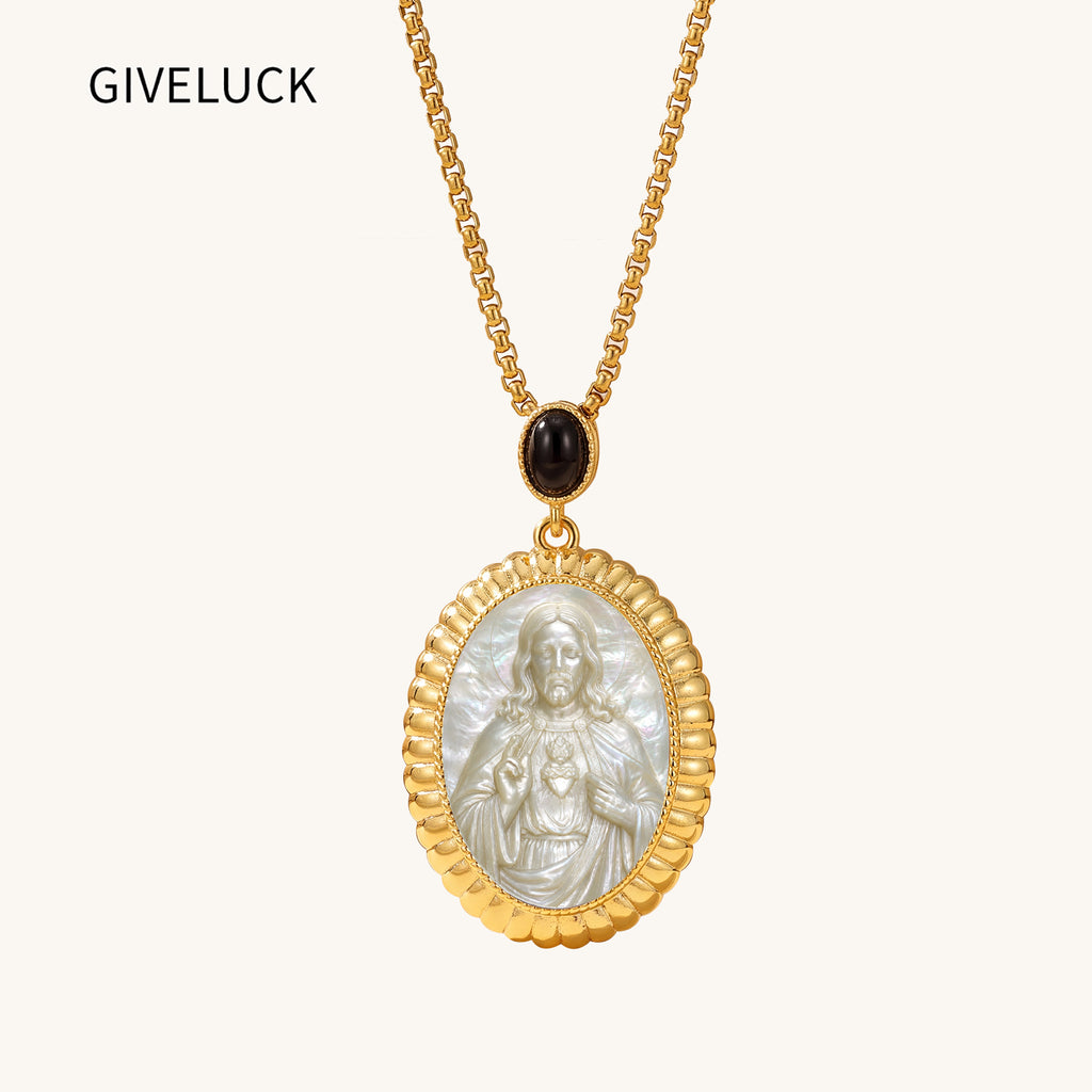 Sacred Heart Jesus Mother of Pearl Cameo Necklace, 18K Gold Plated Catholic Jewelry