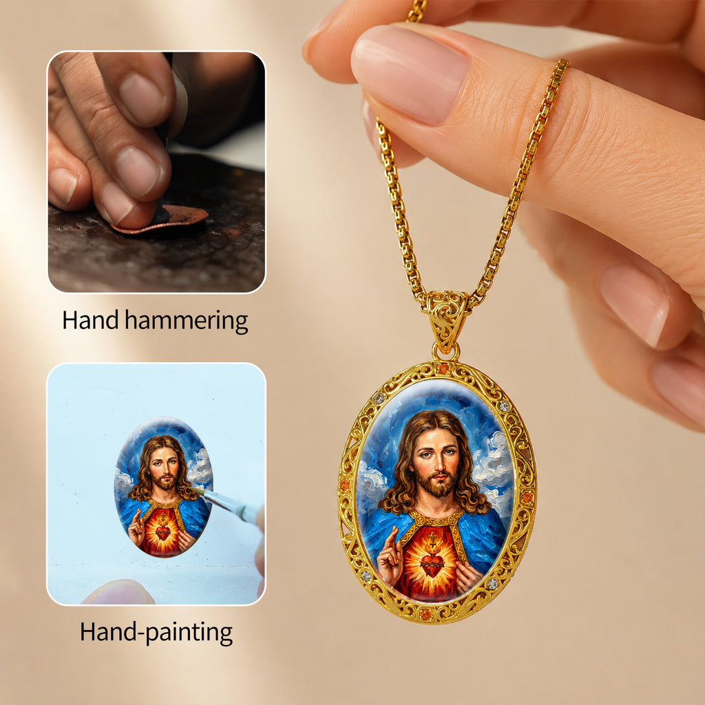 18K Gold Plated Sacred Heart Jesus Pendant Necklace, Enamel Catholic Jewelry with Zircon Accents