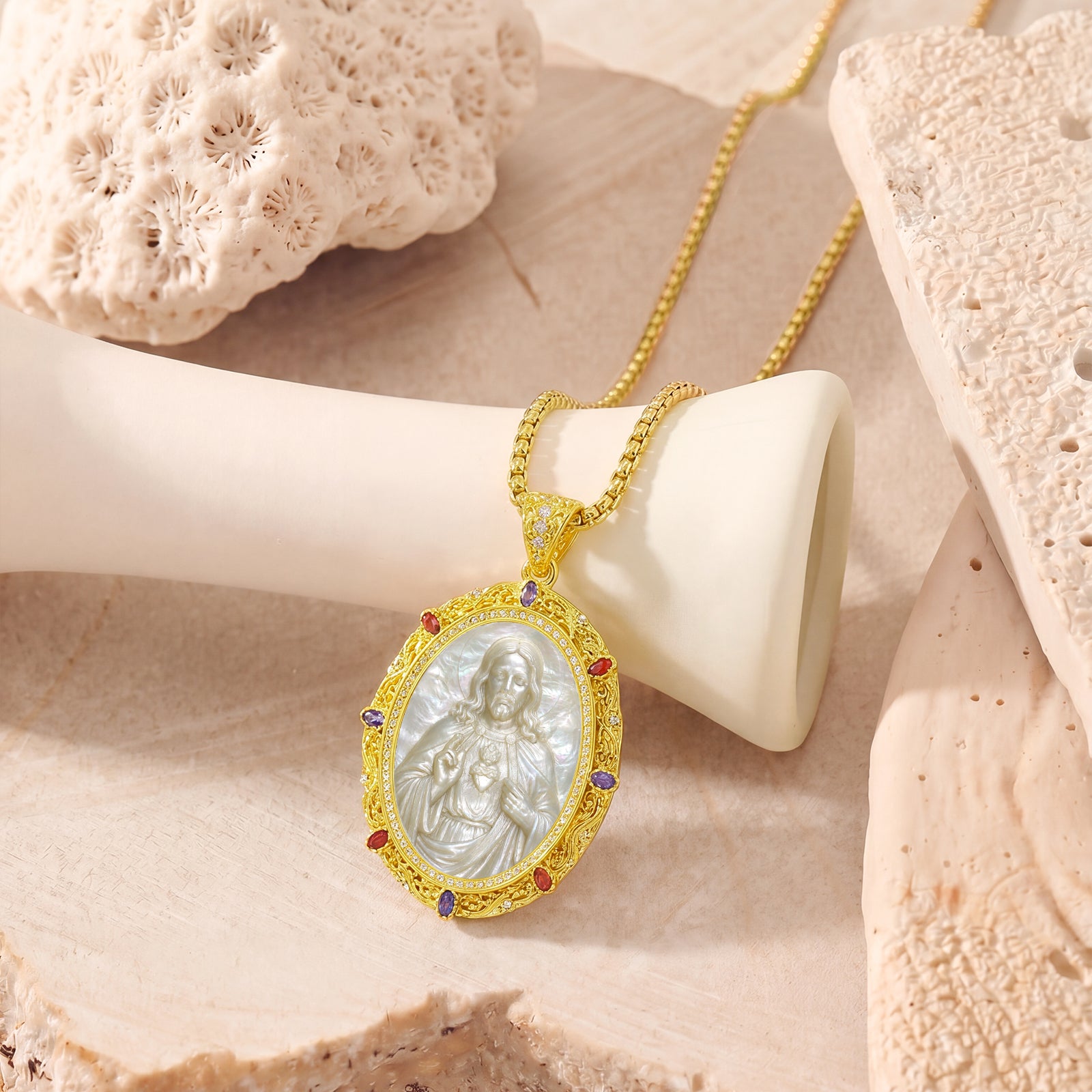 Sacred Heart Jesus Mother of Pearl Cameo Necklace, 18K Gold Plated Catholic Jewelry