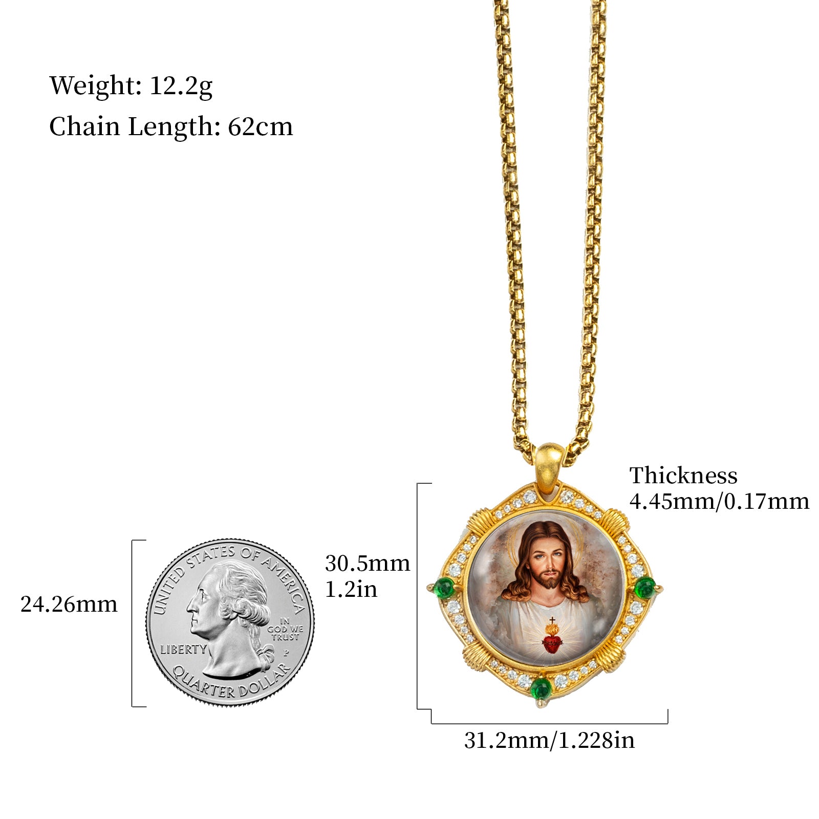 18K Gold Plated Sacred Heart Jesus Pendant Necklace, Enamel Catholic Jewelry with Zircon Accents