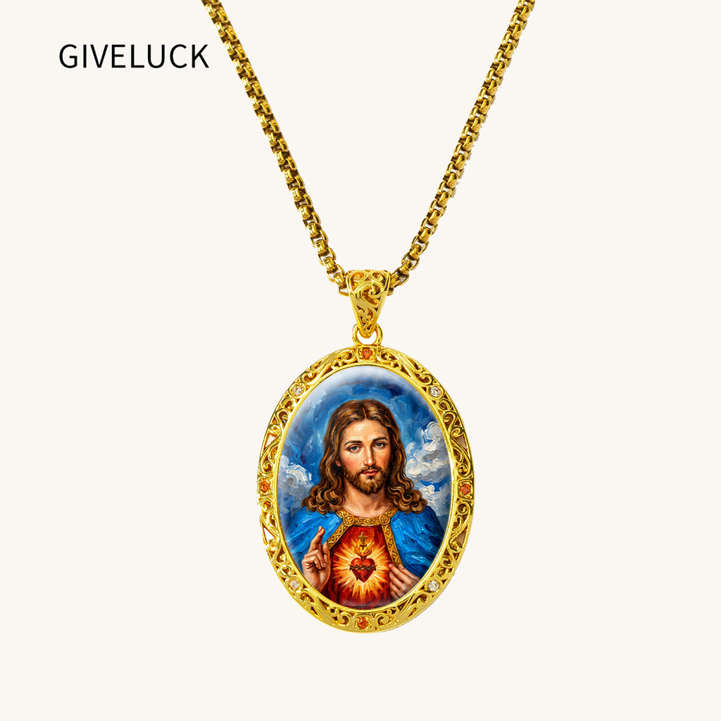 18K Gold Plated Sacred Heart Jesus Pendant Necklace, Enamel Catholic Jewelry with Zircon Accents