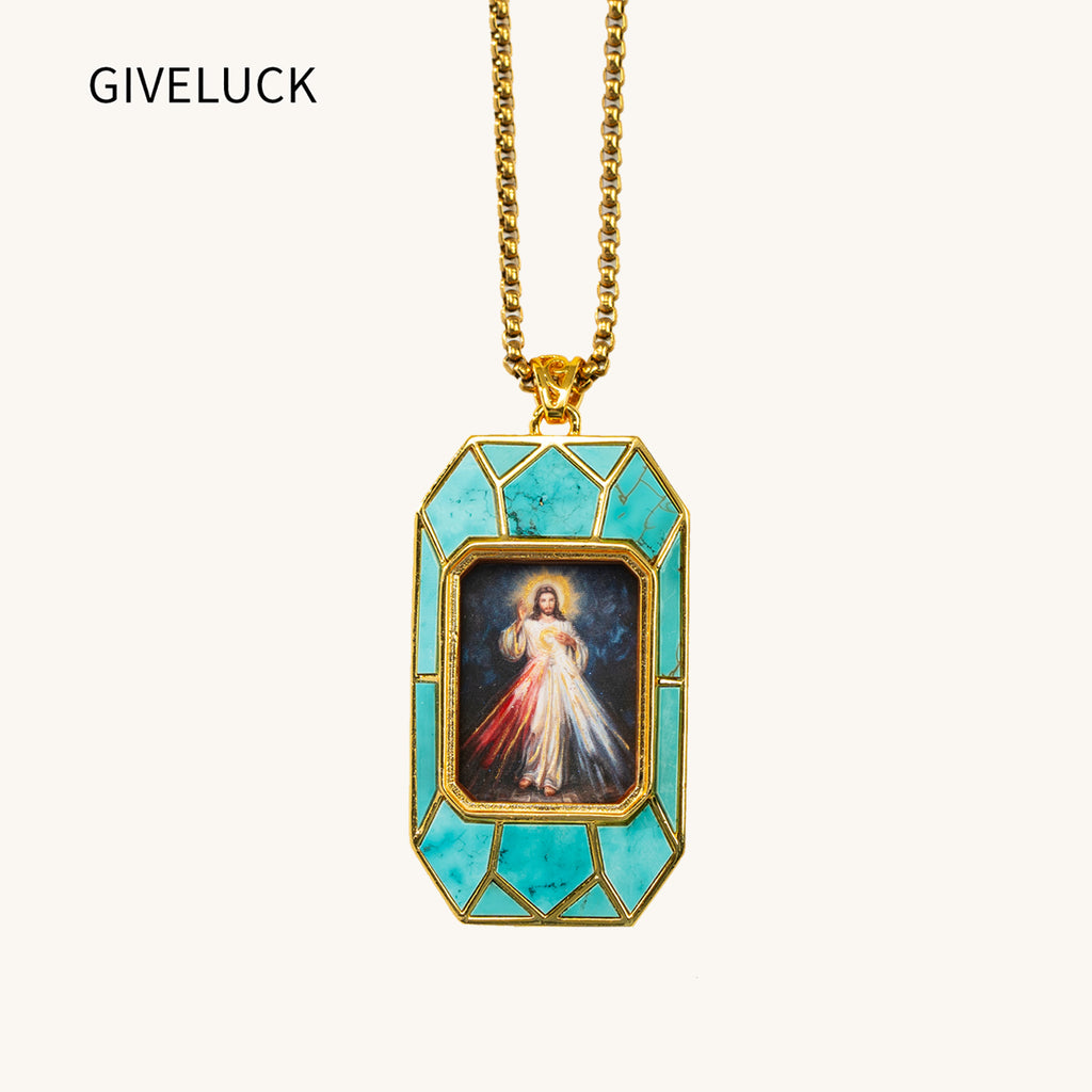 Divine Mercy Jesus Pendant Necklace, 18K Gold Plated, Turquoise or Mother of Pearl Inlay