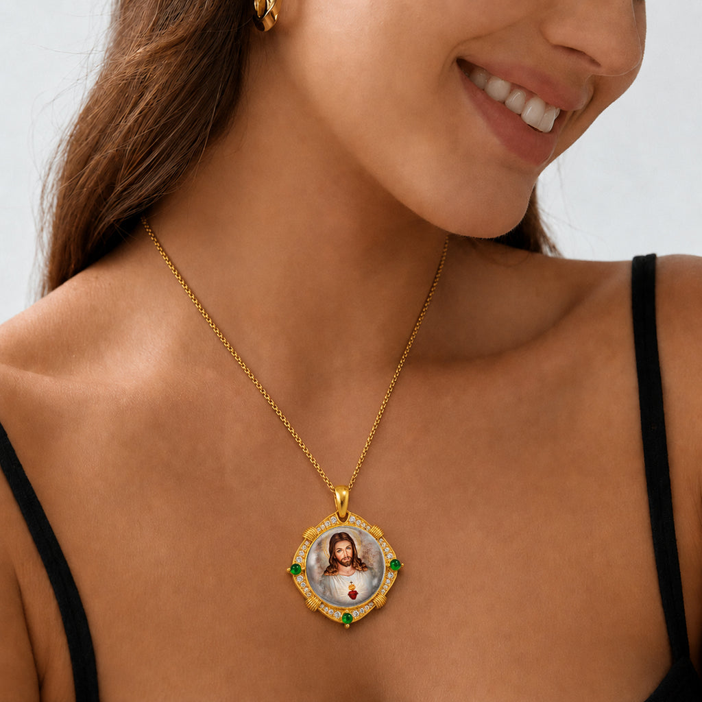 18K Gold Plated Sacred Heart Jesus Pendant Necklace, Enamel Catholic Jewelry with Zircon Accents