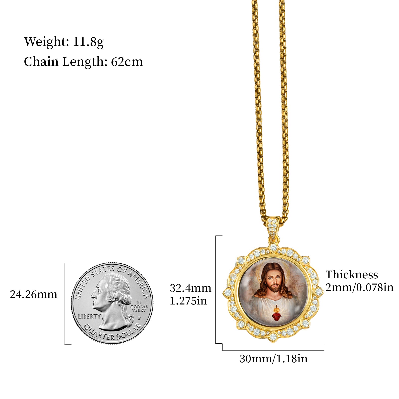 18K Gold Plated Sacred Heart Jesus Pendant Necklace, Enamel Catholic Jewelry with Zircon Accents