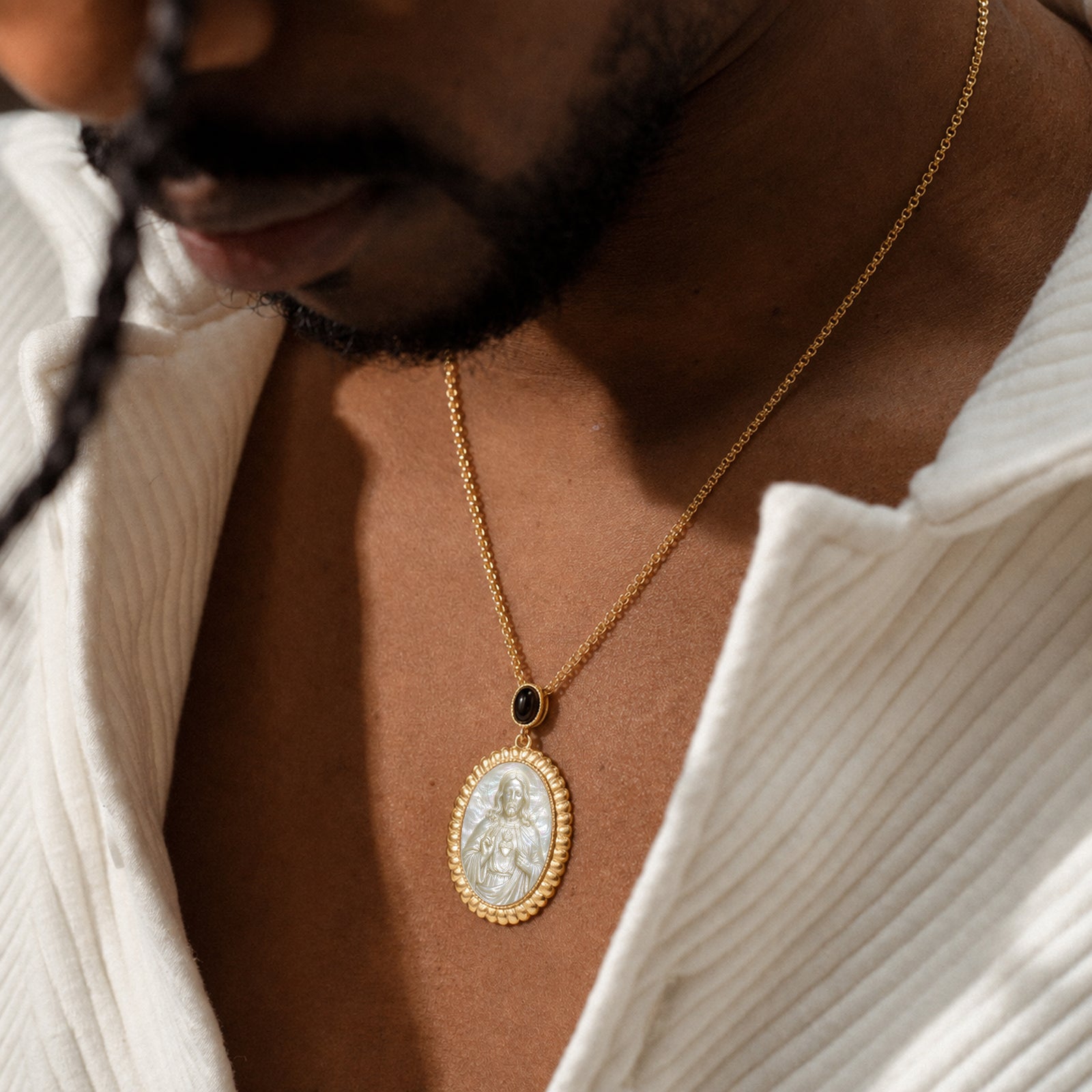 Sacred Heart Jesus Mother of Pearl Cameo Necklace, 18K Gold Plated Catholic Jewelry