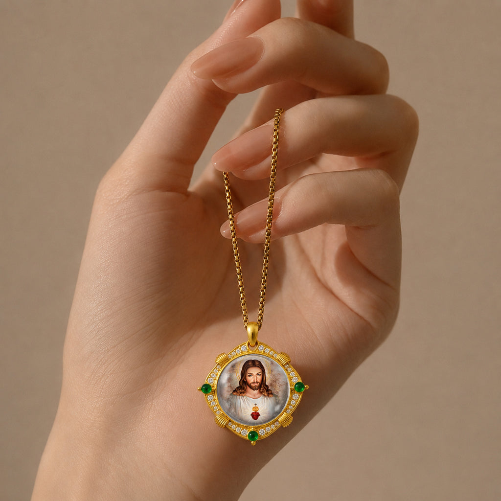 18K Gold Plated Sacred Heart Jesus Pendant Necklace, Enamel Catholic Jewelry with Zircon Accents