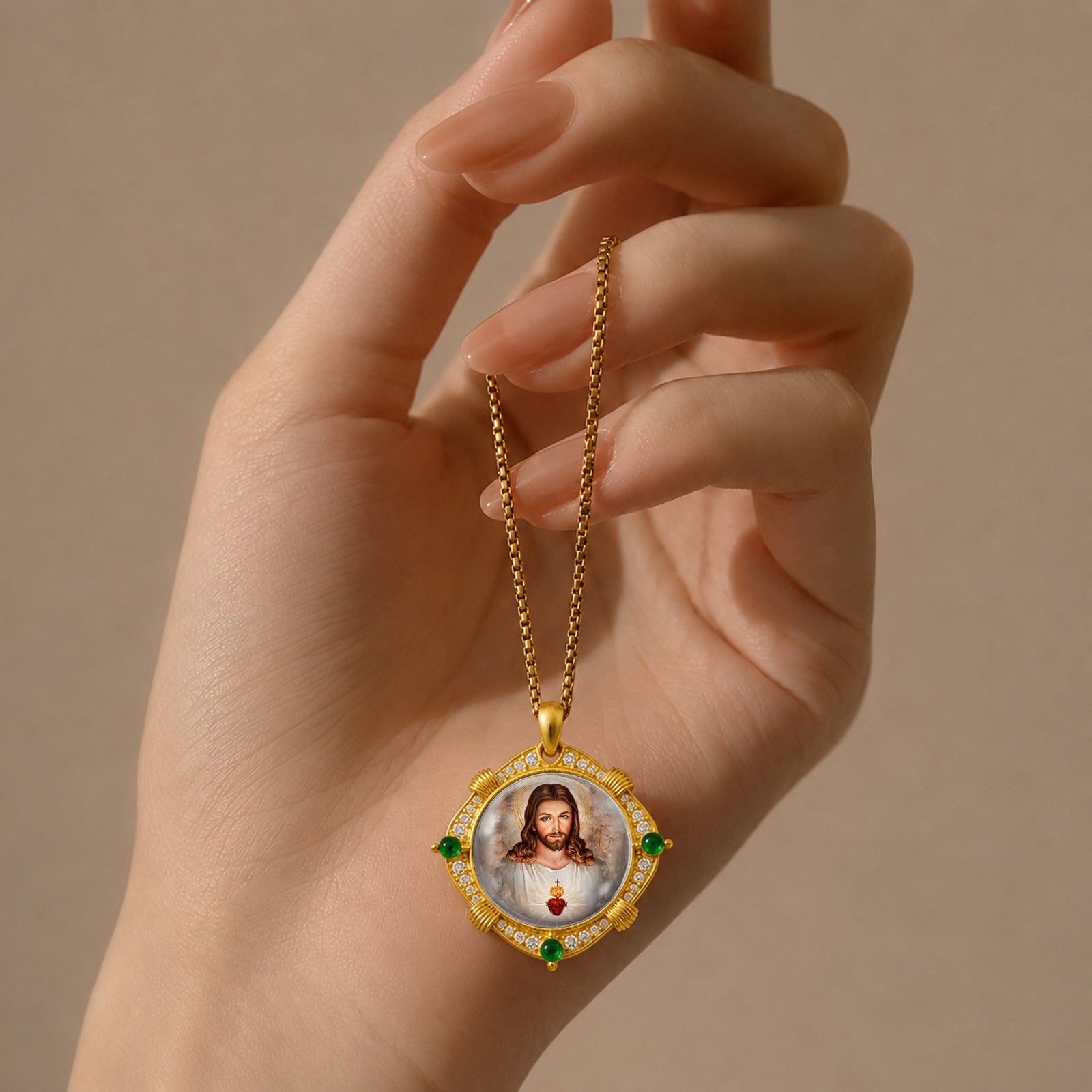 18K Gold Plated Sacred Heart Jesus Pendant Necklace, Enamel Catholic Jewelry with Zircon Accents