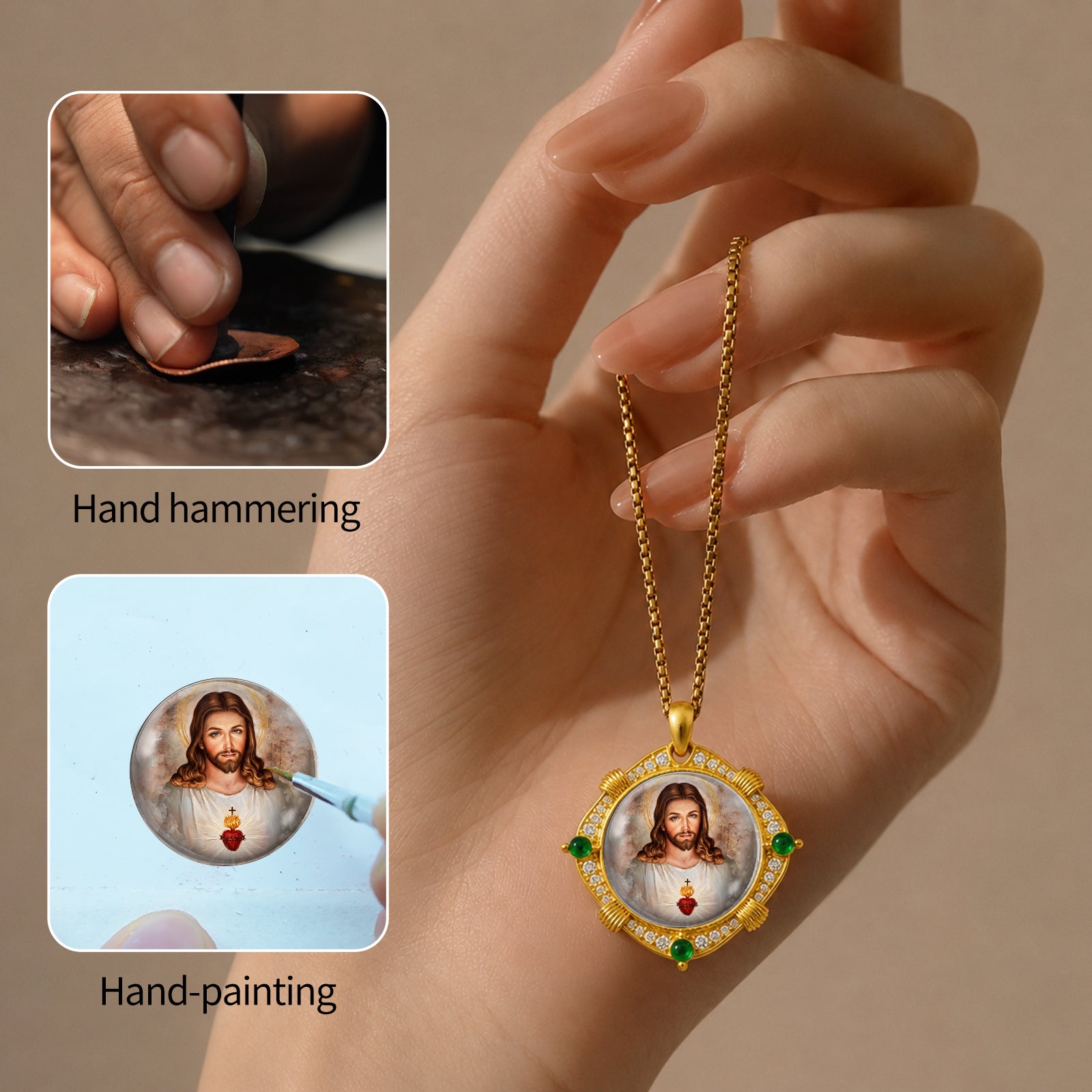 18K Gold Plated Sacred Heart Jesus Pendant Necklace, Enamel Catholic Jewelry with Zircon Accents