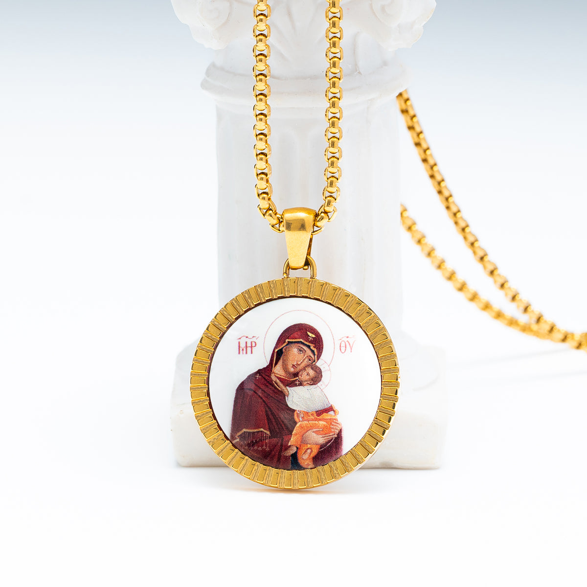 GIVELUCK 18k Plated Gold Pendant Necklace Enamel Our Lady of Vladimir Virgin Mary Miraculous Medal for Women and Men