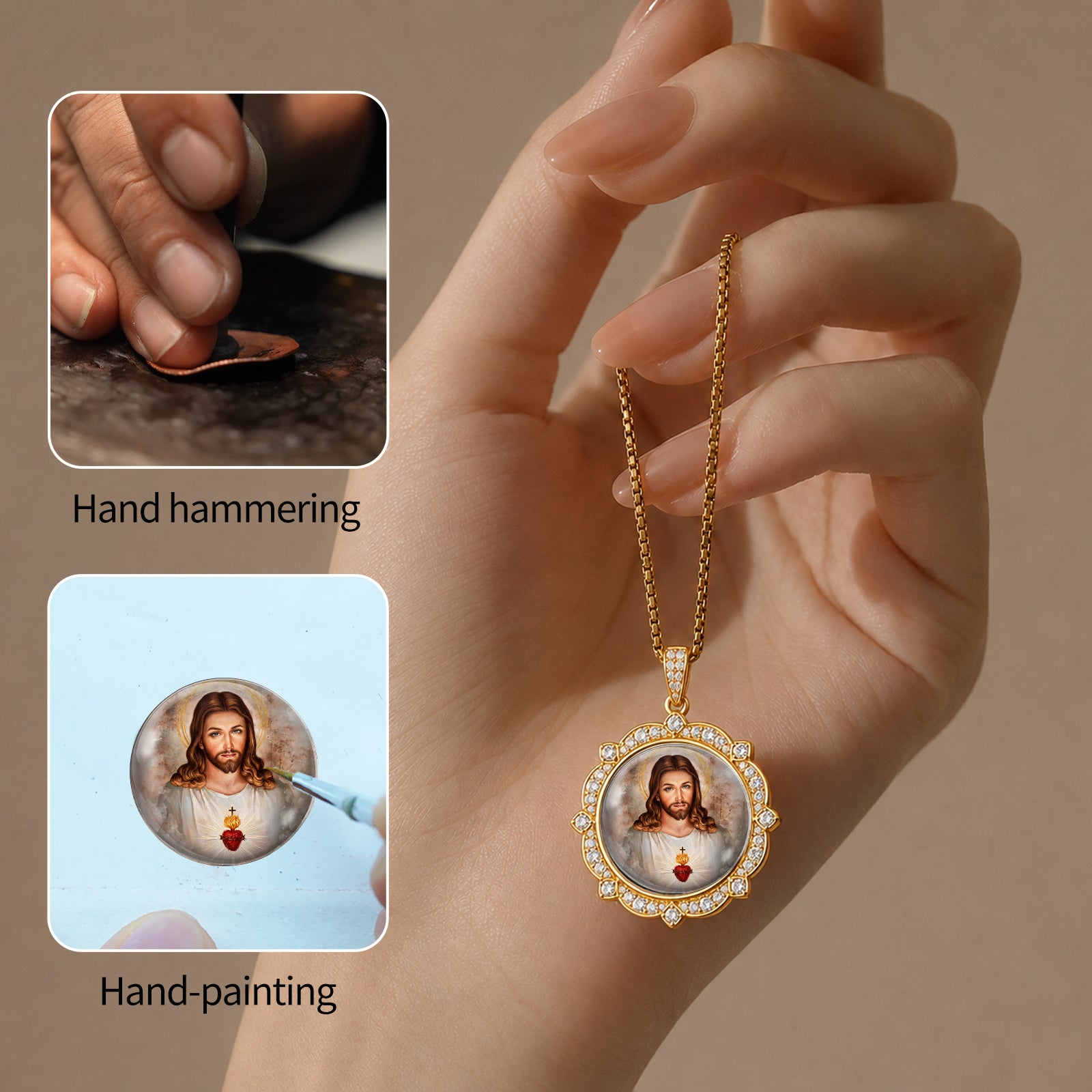 18K Gold Plated Sacred Heart Jesus Pendant Necklace, Enamel Catholic Jewelry with Zircon Accents