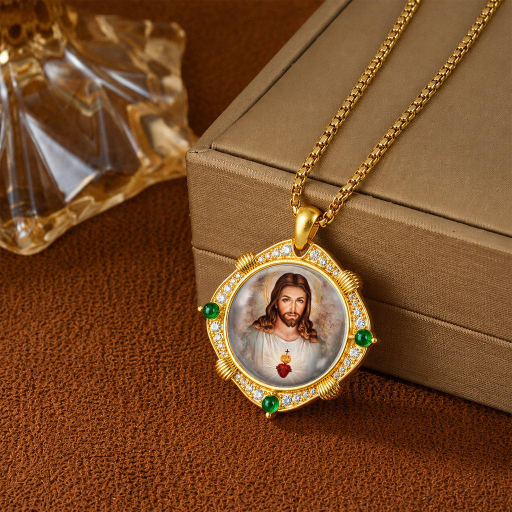18K Gold Plated Sacred Heart Jesus Pendant Necklace, Enamel Catholic Jewelry with Zircon Accents