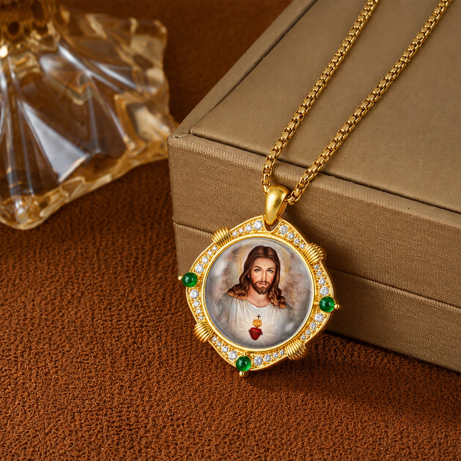18K Gold Plated Sacred Heart Jesus Pendant Necklace, Enamel Catholic Jewelry with Zircon Accents