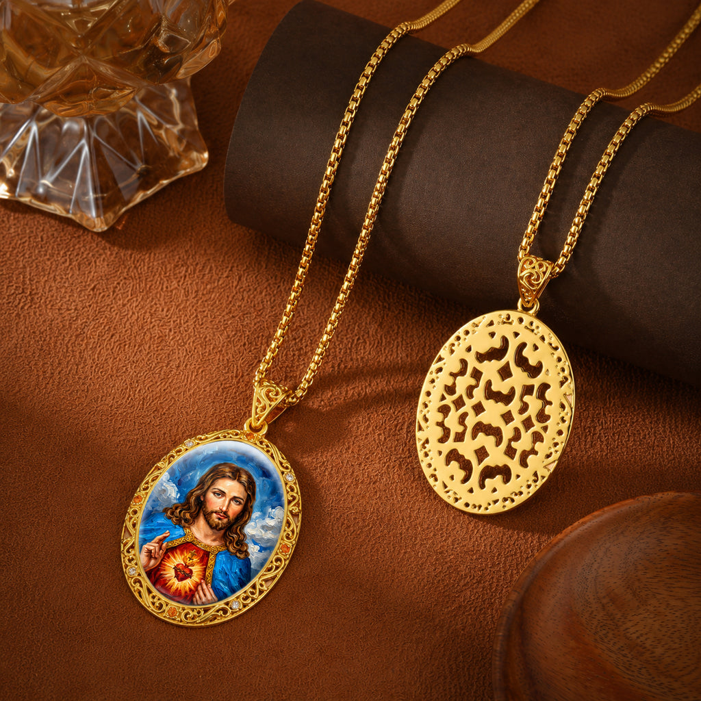 18K Gold Plated Sacred Heart Jesus Pendant Necklace, Enamel Catholic Jewelry with Zircon Accents