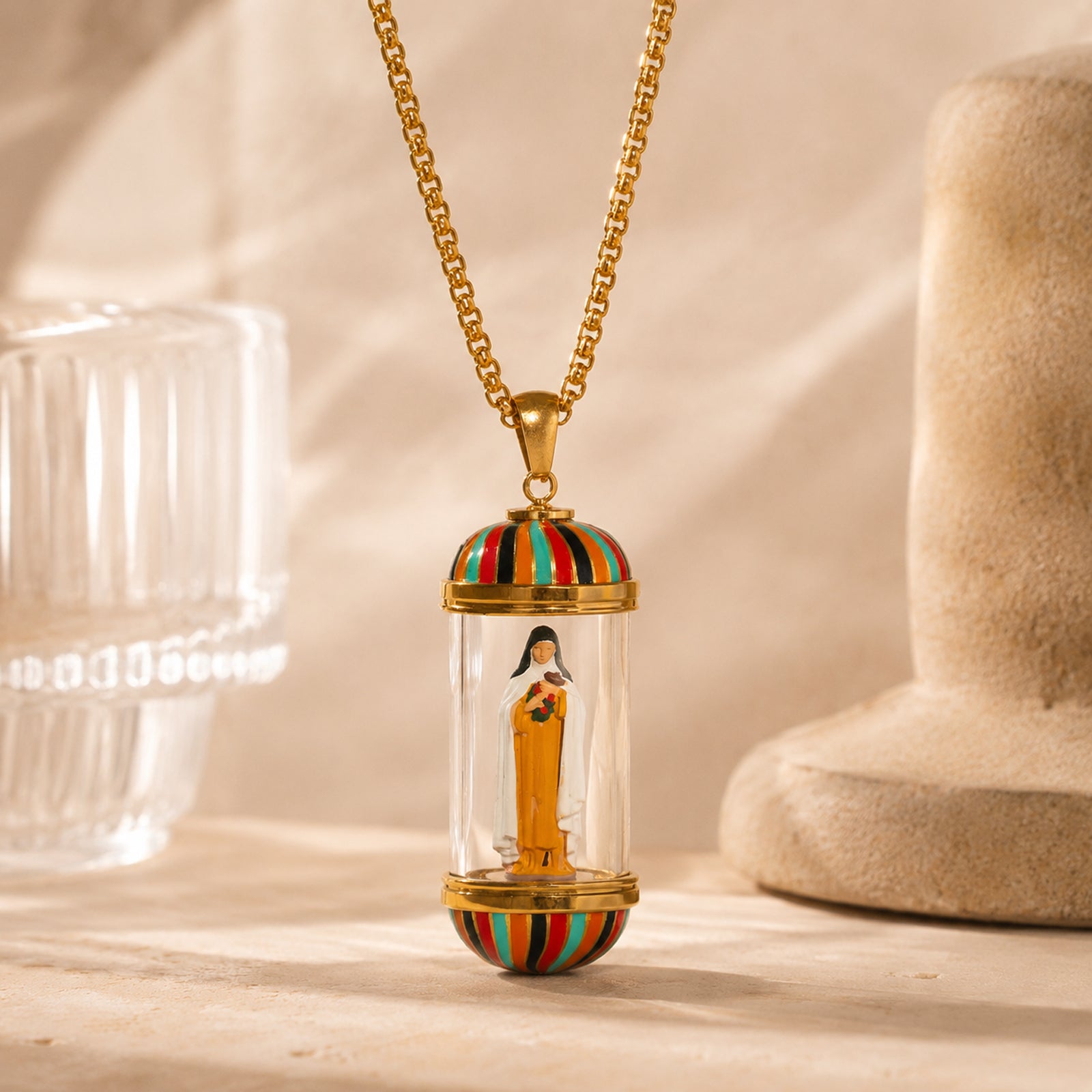 GIVELUCK 18K Gold Plated Saint Therese of Lisieux Miniature Necklace, Devotional Medal, Shimmering rainbow finish, Hand‑Painted Sacred Art Faith Jewelry for Men and Women