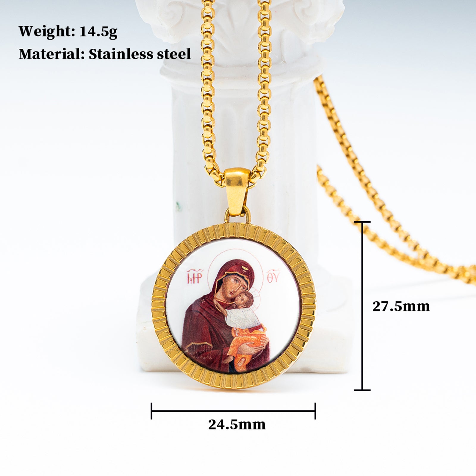 GIVELUCK 18k Plated Gold Pendant Necklace Enamel Our Lady of Vladimir Virgin Mary Miraculous Medal for Women and Men