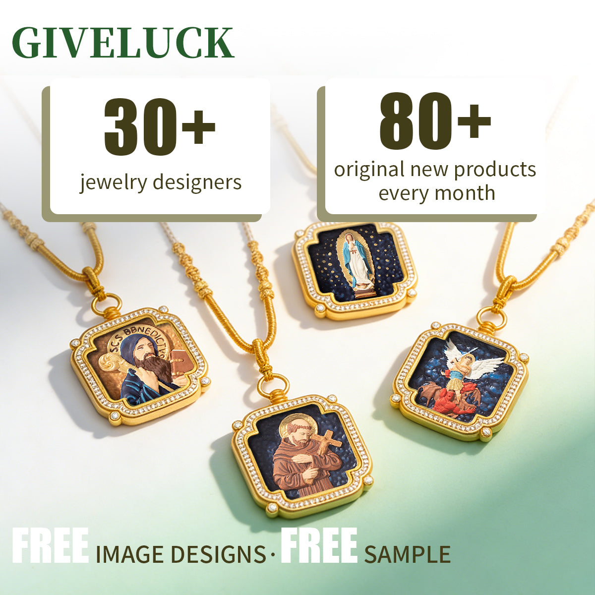 GIVELUCK 18k Plated Gold Zircon Catholic Jesus Christ Devotional Medal Cameo Embossing Pendant Necklace for Man and Women