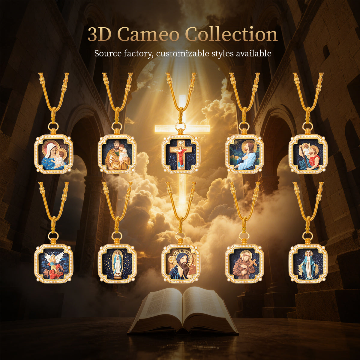 18k Plated Gold Zircon Catholic Pendant Necklace for Men and Women Cameo Embossing Cross and Jesus Devotional Medal