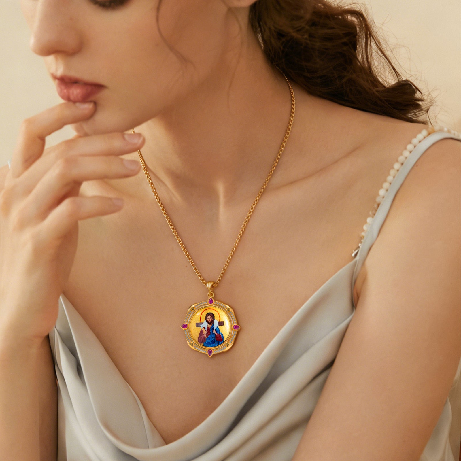 GIVELUCK 18k Plated Gold Pendant Necklace Enamel the Good Shepherd Jesus Christ Ruby Devotional Medal for Men and Women