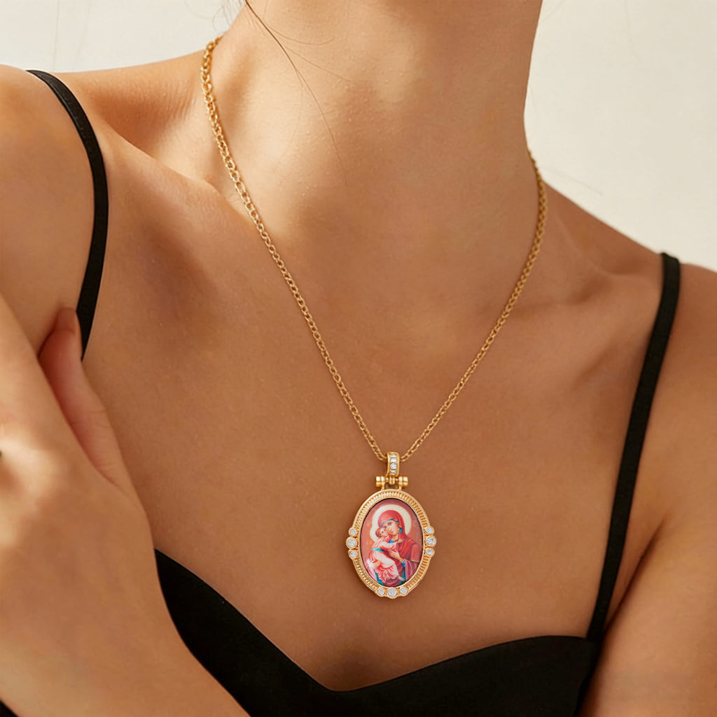 GIVELUCK 18k Plated Gold Pendant Necklace Enamel Eternal Halo Virgin Mary Miraculous Medal for Women and Men
