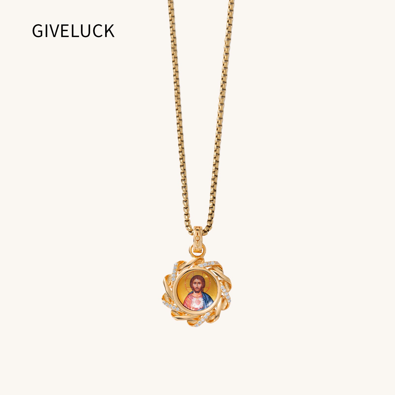 18k Plated Gold Pendant Necklace Enamel Eternal Grace Jesus Christ Devotional Medal for Men and Women