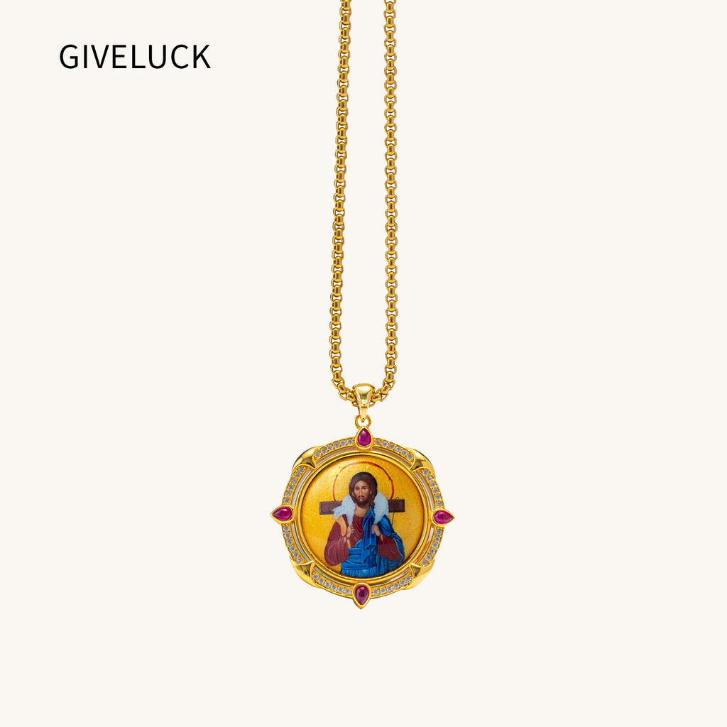 GIVELUCK 18k Plated Gold Pendant Necklace Enamel the Good Shepherd Jesus Christ Ruby Devotional Medal for Men and Women