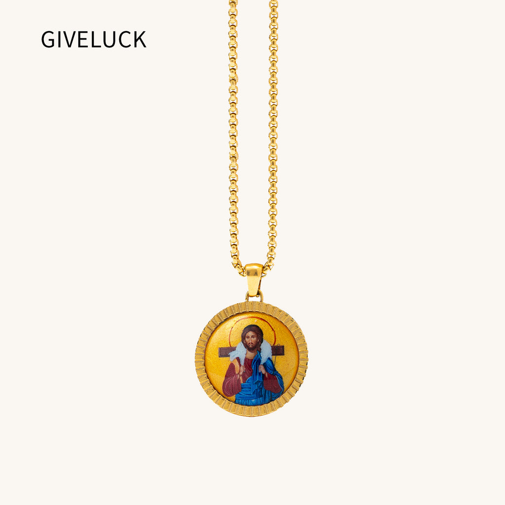 GIVELUCK 18k Plated Gold Pendant Necklace Enamel the Good Shepherd Divine Light Jesus Christ Devotional Medal for Men and Women