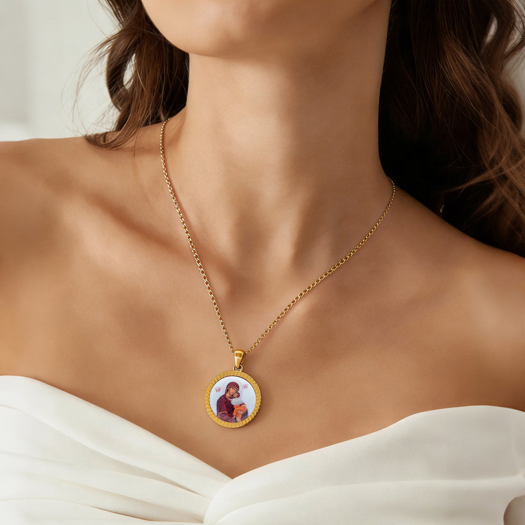 GIVELUCK 18k Plated Gold Pendant Necklace Enamel Our Lady of Vladimir Virgin Mary Miraculous Medal for Women and Men