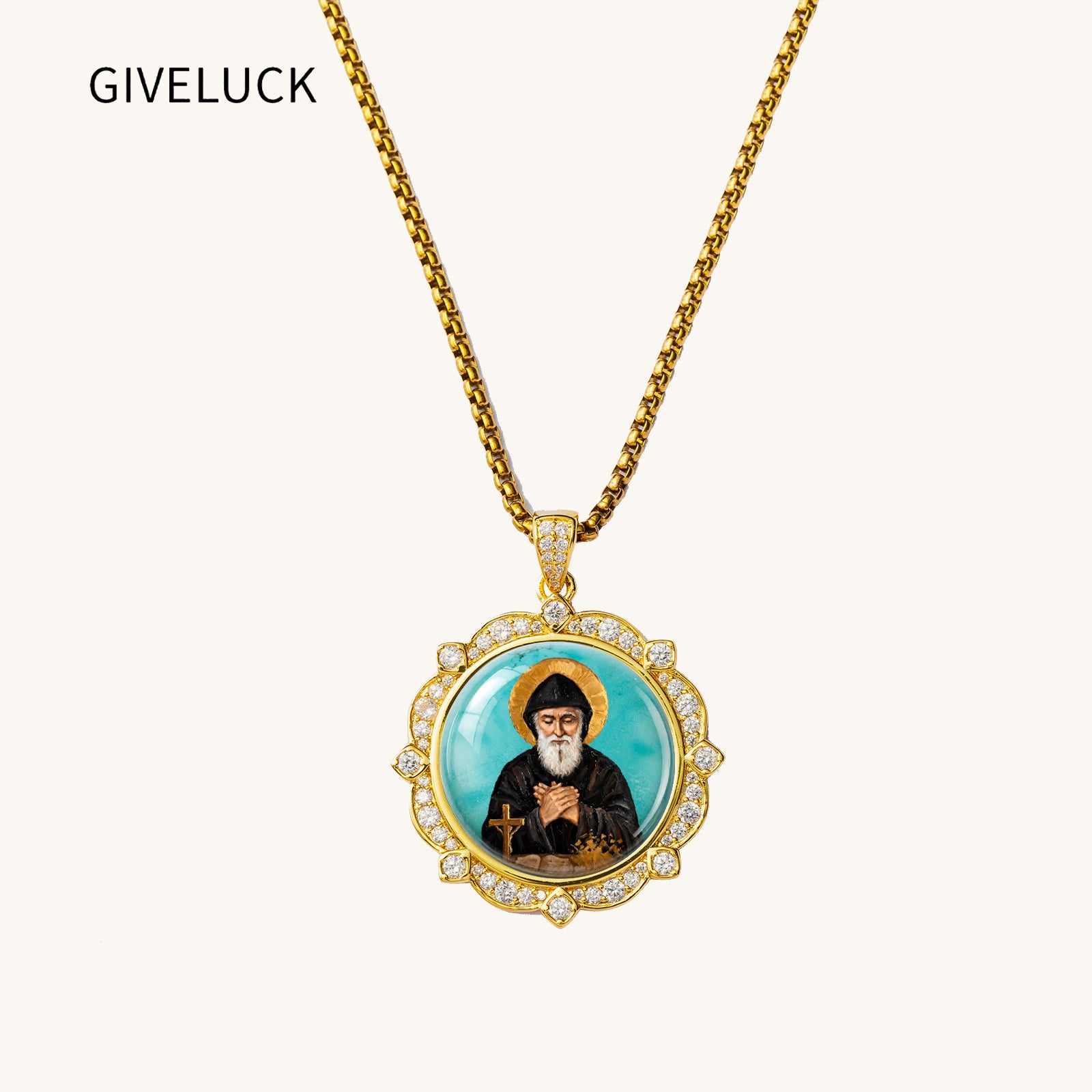 GIVELUCK St. Charbel Necklace for Men & Women, 18K Gold Plated Turquoise St. Charbel Pendant with Zircon, Catholic Protection Jewelry Gift