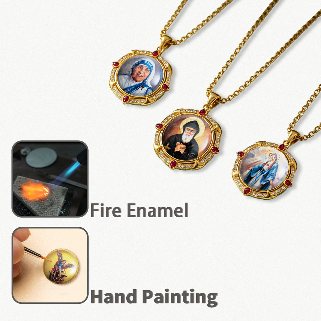 GIVELUCK 18k Plated Gold Enamel Pendant Ruby St.Teresa of Calcutta Protection Necklace for Men and Women
