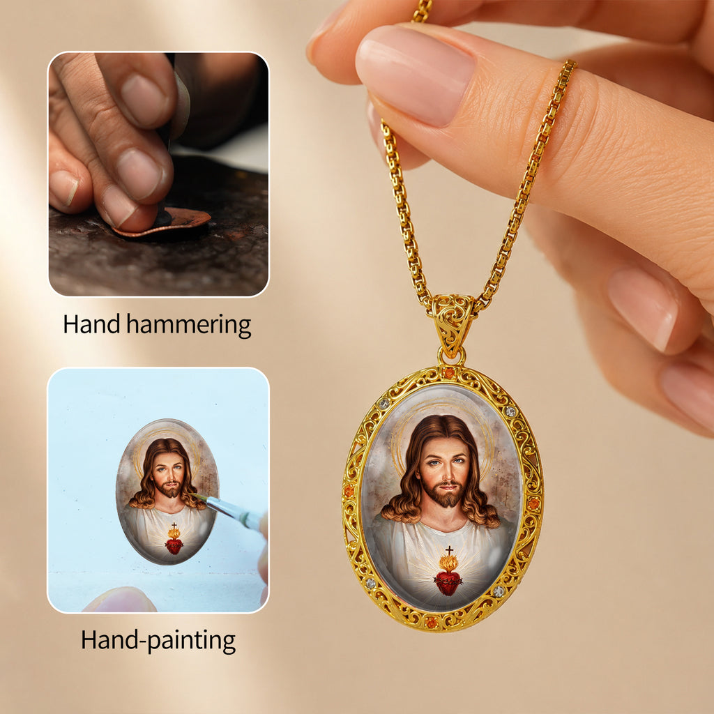 18K Gold Plated Sacred Heart Jesus Pendant Necklace, Enamel Catholic Jewelry with Zircon Accents