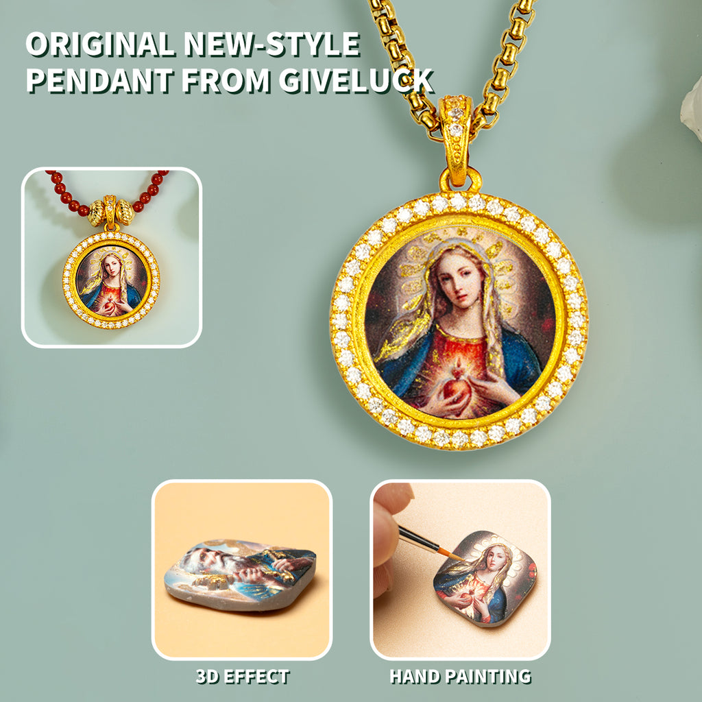 GIVELUCK 18k Plated Gold Zircon Pendant Necklace Cameo Embossing Saint Patrick Devotional Medal for Men and Women