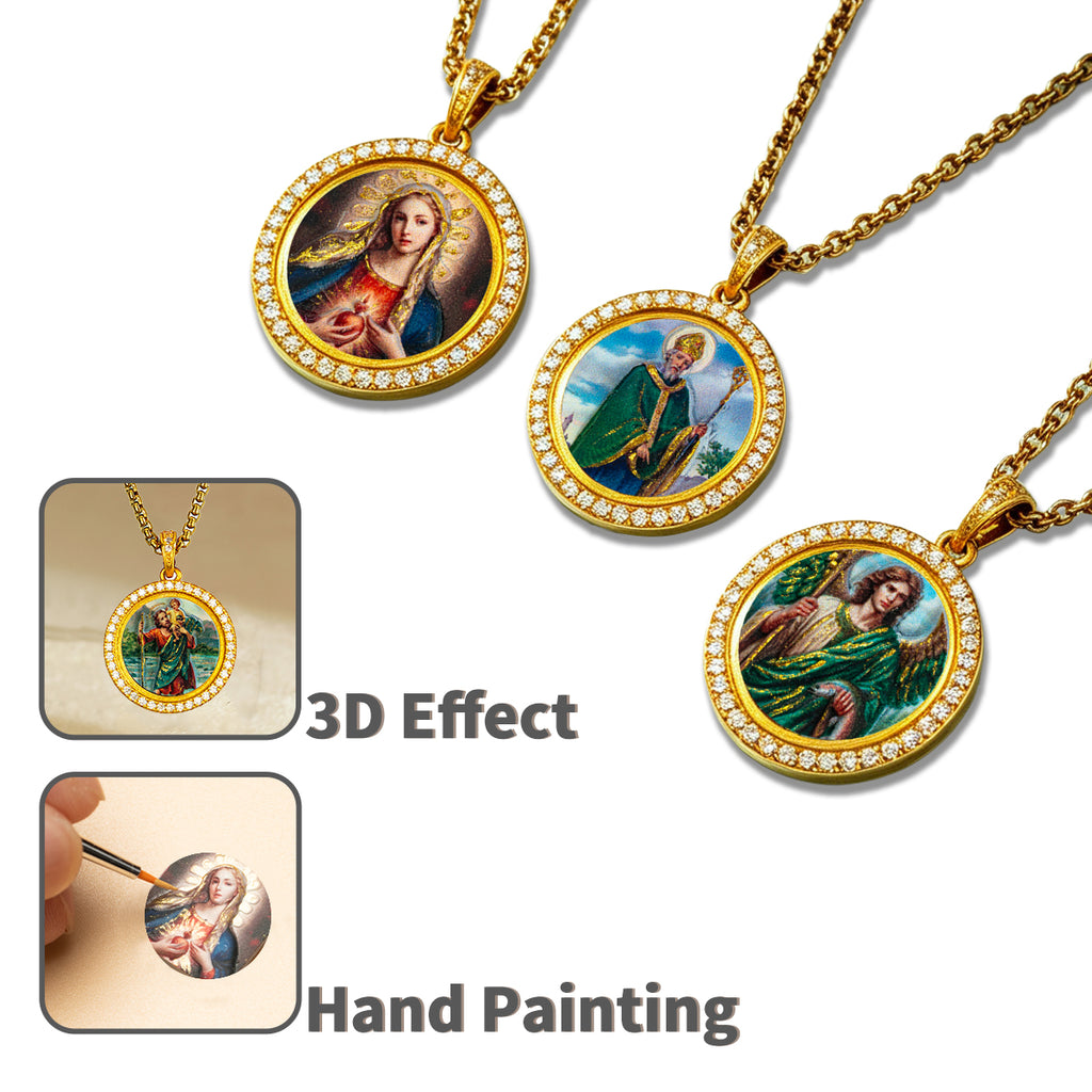 GIVELUCK 18k Plated Gold Zircon Pendant Necklace Cameo Embossing Saint Patrick Devotional Medal for Men and Women