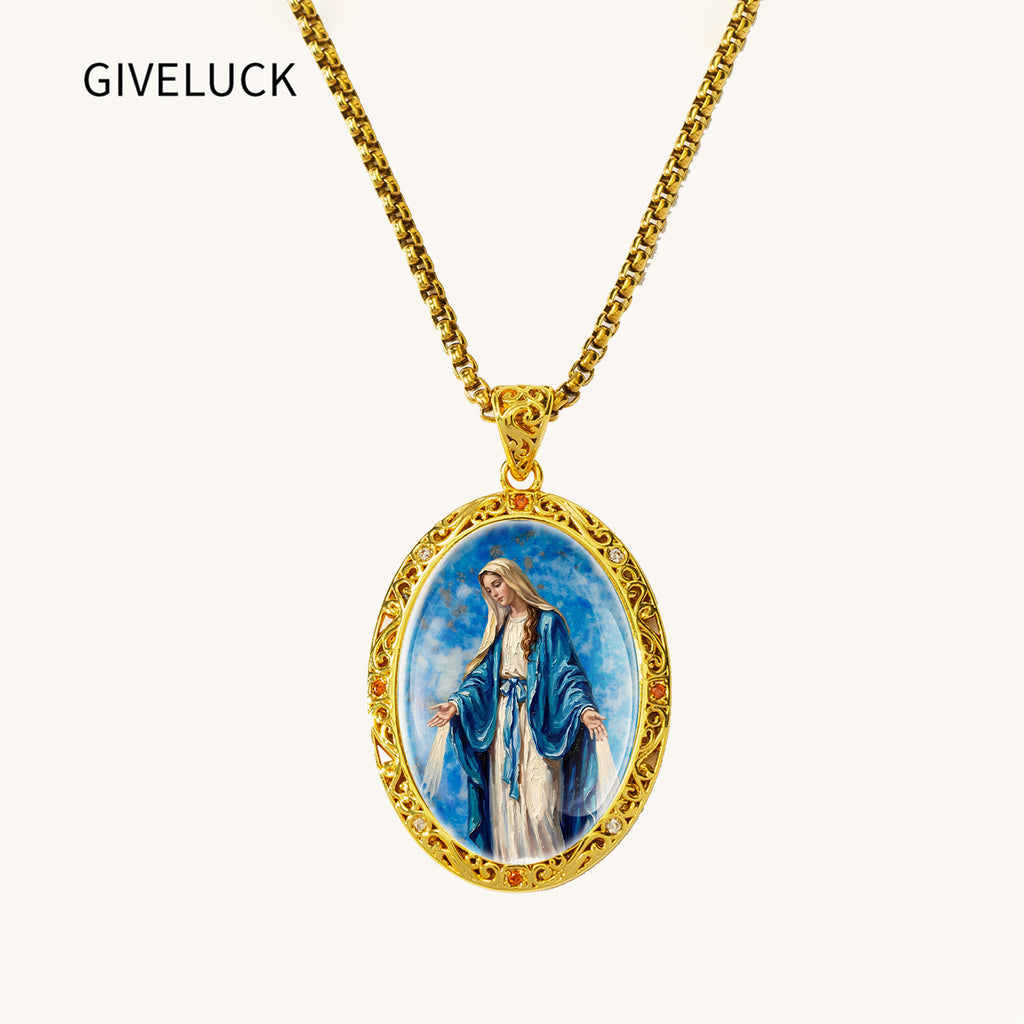 Miraculous Medal Necklace, Lapis Lazuli Pendant, 18K Gold Plated Catholic Jewelry (Round or Oval)