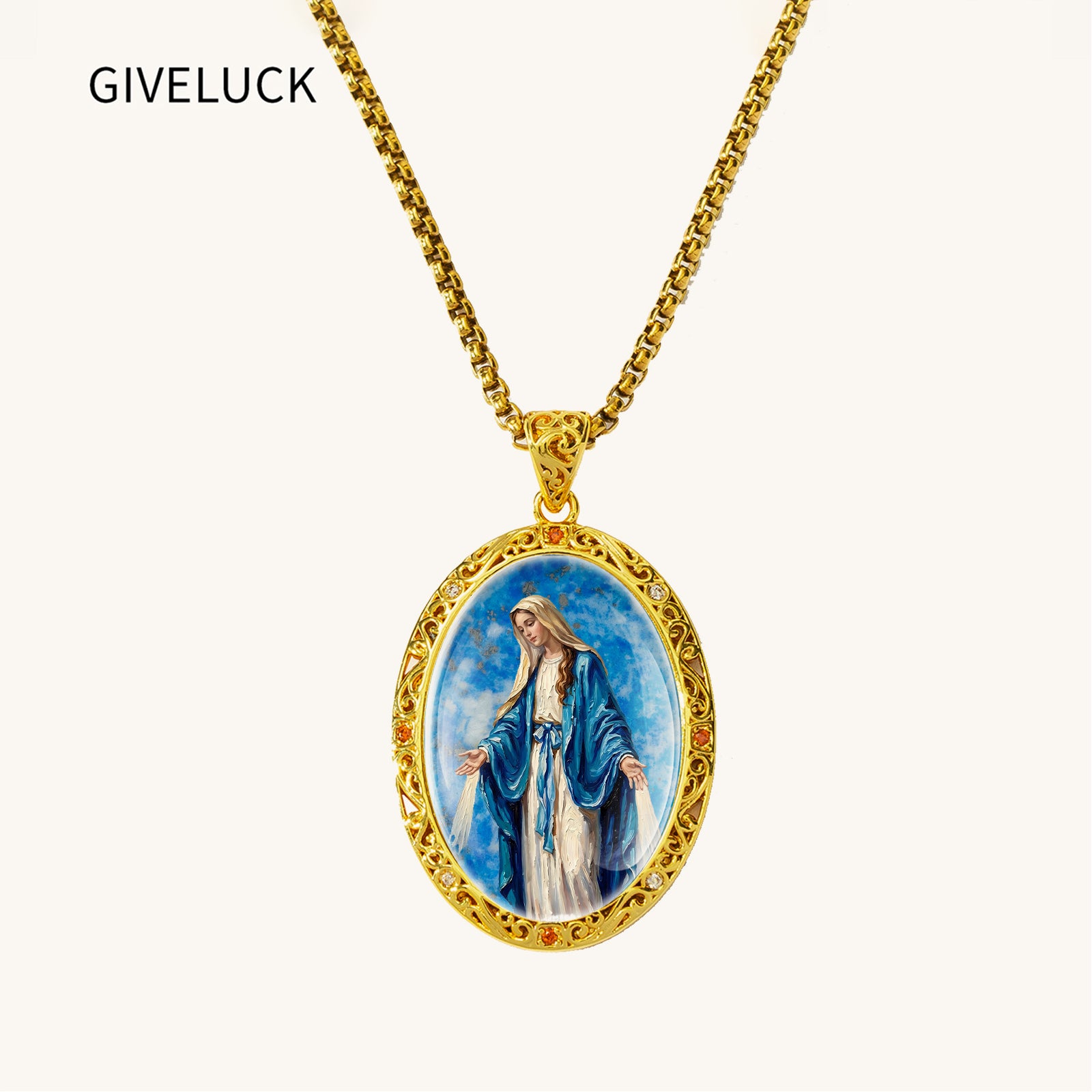 Miraculous Medal Necklace, Lapis Lazuli Pendant, 18K Gold Plated Catholic Jewelry (Round or Oval)